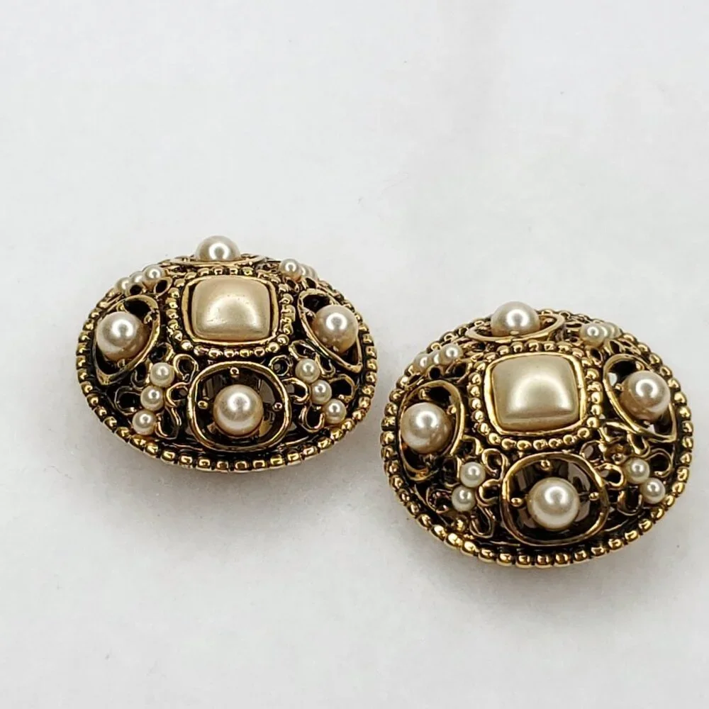 Vintage Carolee Earrings Faux Pearl Filigree Statement Gold Tone Clip On
